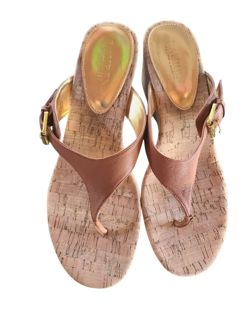 Lauren Ralph Lauren Oralee Cork Wedge Thong Sandals Brown Leather 10B